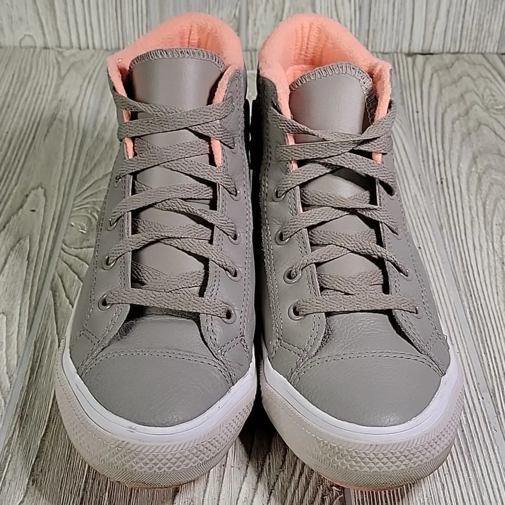Converse Grey Leather High Top Sneakers Coral Pink Terry Lining Juniors Size 6